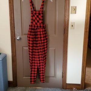 Black and red check wool bibbed pants / jumpsuit